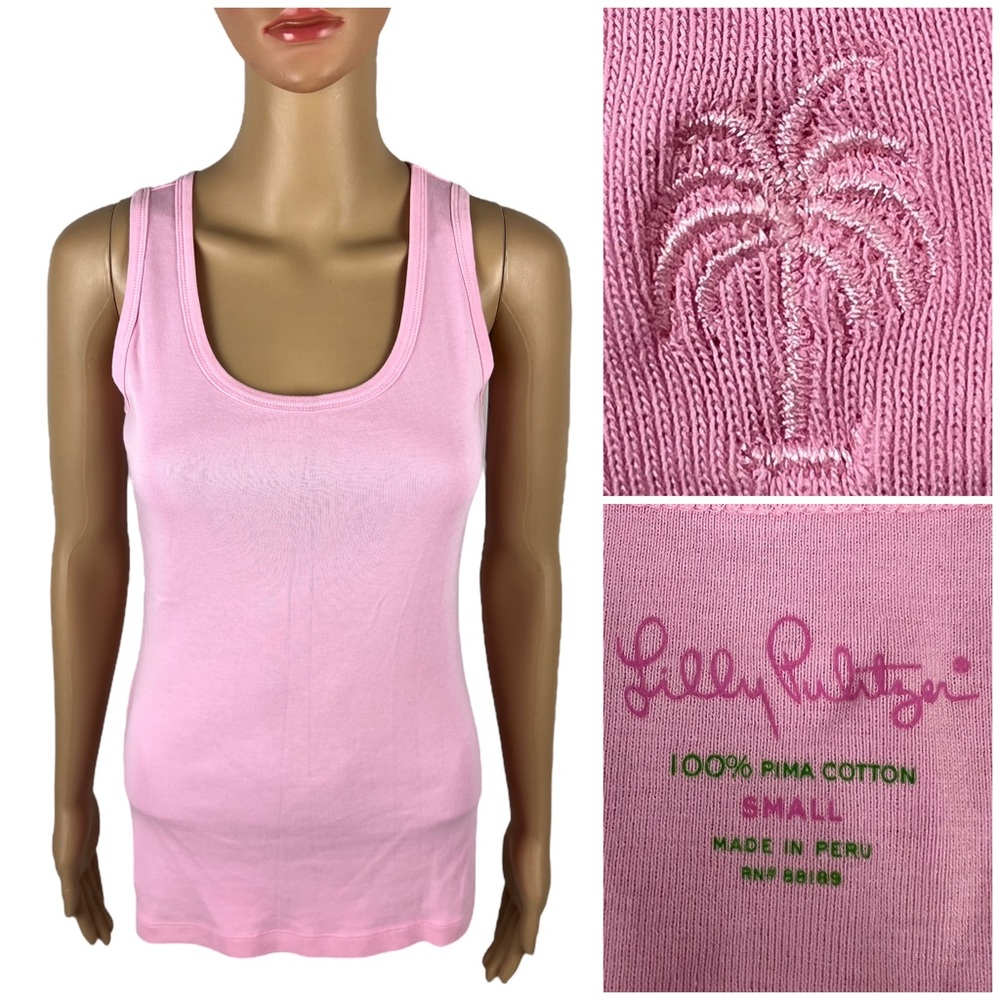 Lilly Pulitzer Womens Small Tank Top 100% Pima Cotton Pink Embroidered Logo EUC